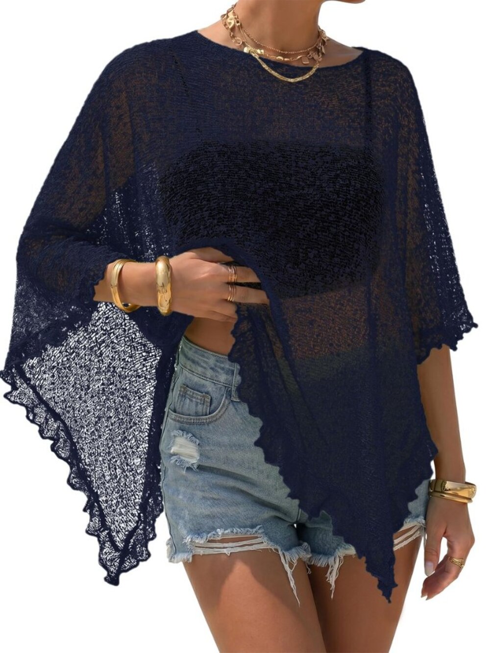 Womens Sheer Poncho Lightweight Knit Ruffle Beach Cover Ups Mesh Top Lace Summer